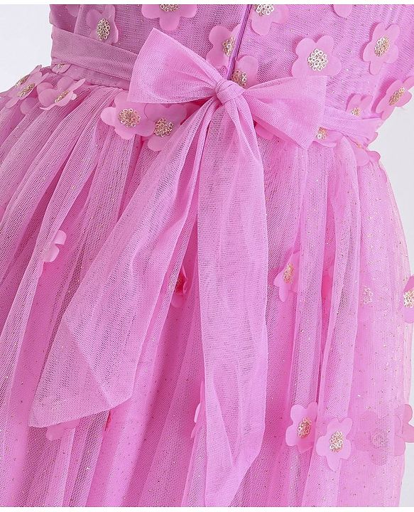 Babyhug Woven Half Sleeves Party Frock with Floral Applique - Lavender