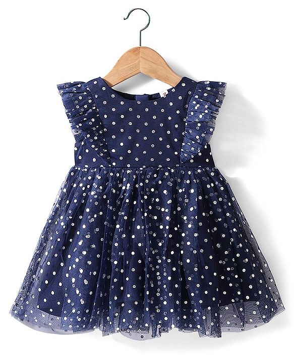 Babyhug Sleeveless Party Frock Polka Dots Foil Printed - Navy Blue