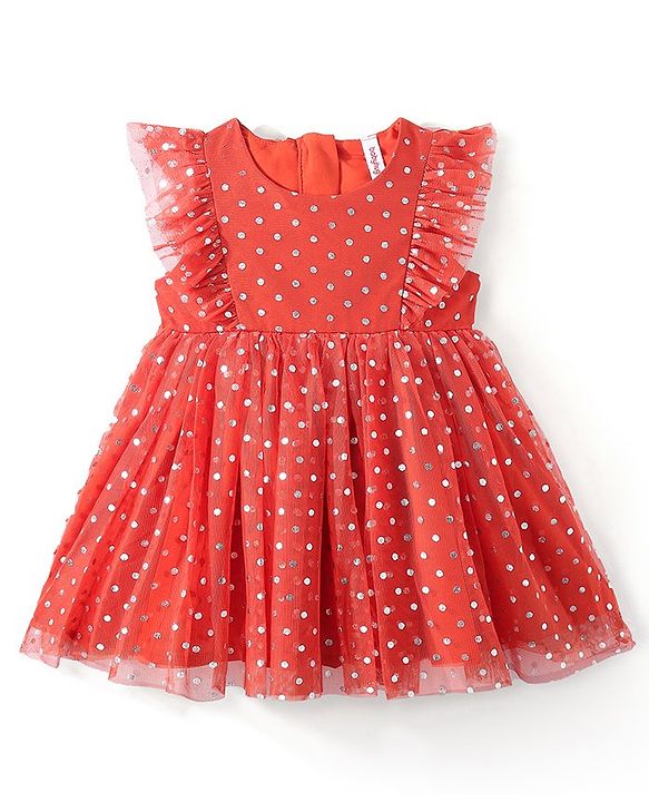 Babyhug Sleeveless All Over Foil Printed Polka Dot Party Frock - Red