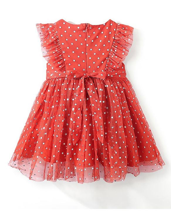 Babyhug Sleeveless All Over Foil Printed Polka Dot Party Frock - Red