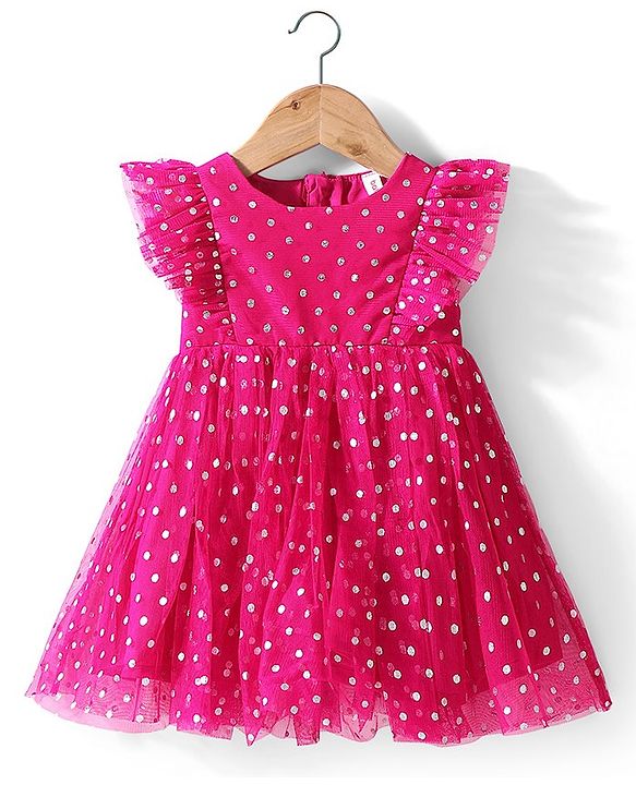 Babyhug Sleeveless Party Frock Polka Dots Foil Printed - Pink