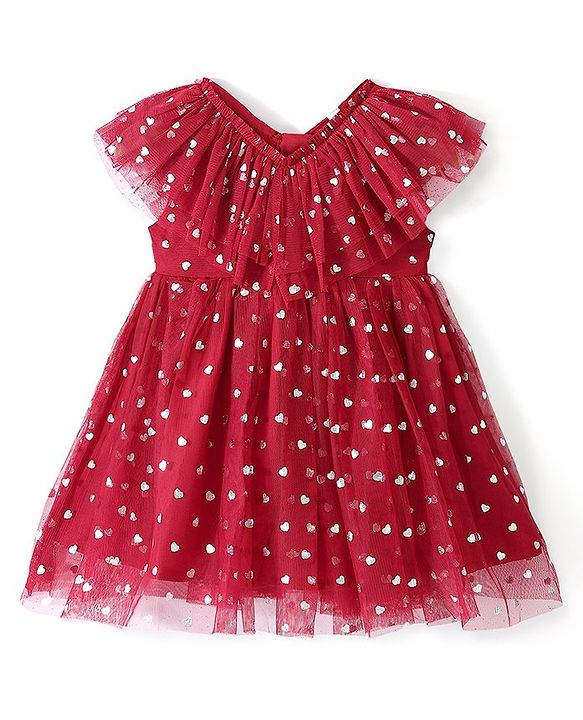 Babyhug Sleeveless Frock with Polka Dots Foil Print - Red