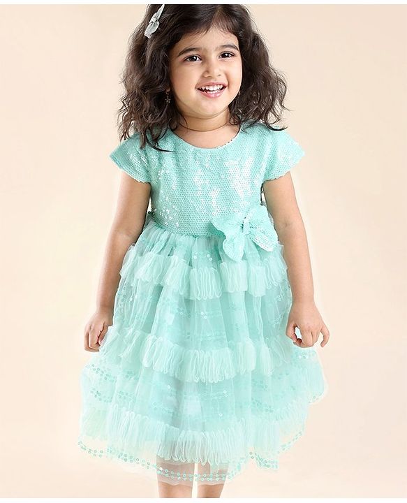 Babyhug Cap Sleeves Party Frock with Sequinned Detailing & Bow Applique - Blue
