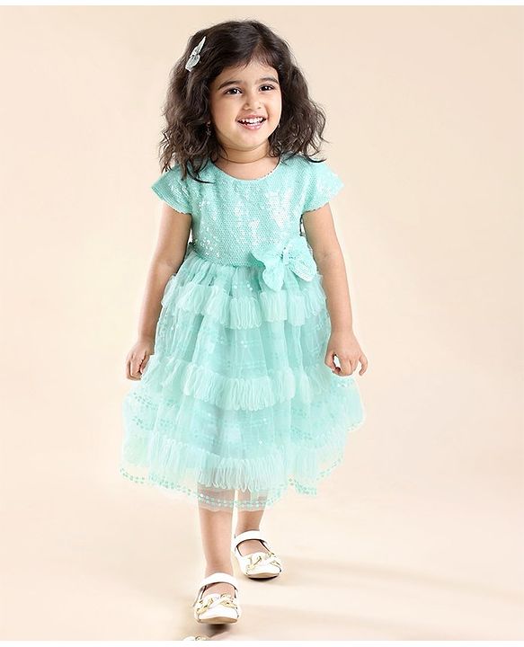 Babyhug Cap Sleeves Party Frock with Sequinned Detailing & Bow Applique - Blue
