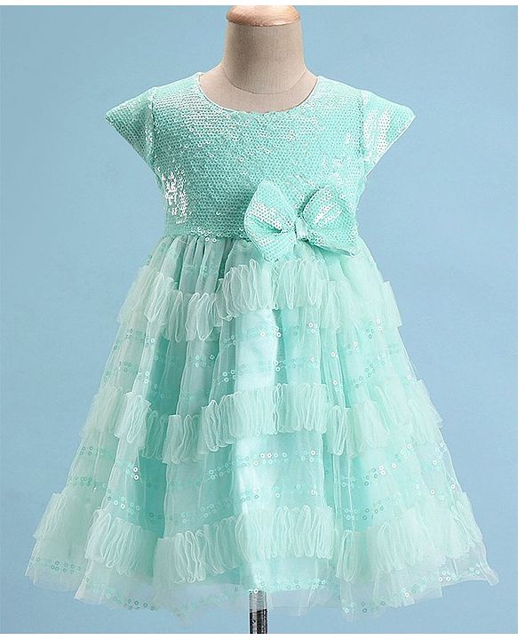 Babyhug Cap Sleeves Party Frock with Sequinned Detailing & Bow Applique - Blue