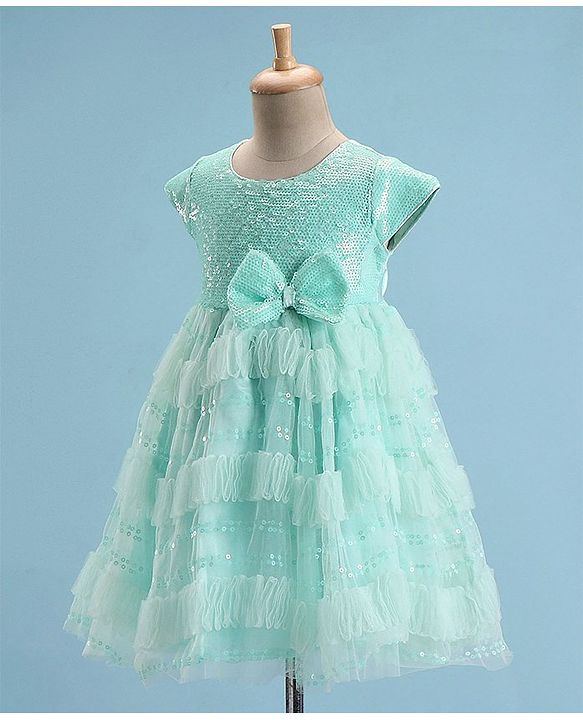 Babyhug Cap Sleeves Party Frock with Sequinned Detailing & Bow Applique - Blue