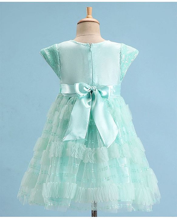 Babyhug Cap Sleeves Party Frock with Sequinned Detailing & Bow Applique - Blue