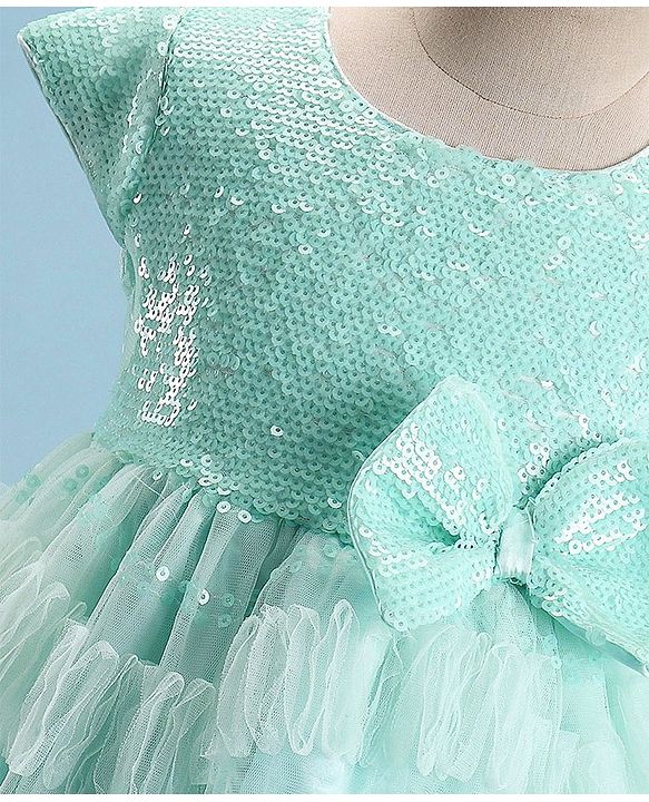 Babyhug Cap Sleeves Party Frock with Sequinned Detailing & Bow Applique - Blue