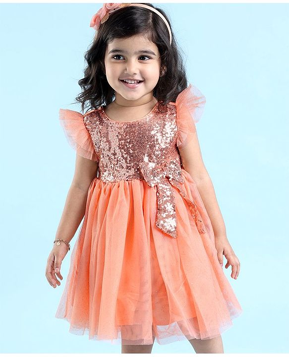 Babyhug Flutter Sleeves Sequinned Party Frock with Bow Applique - Peach
