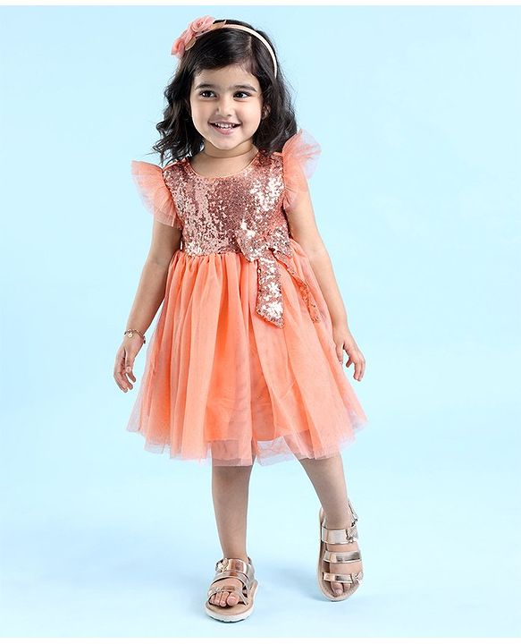 Babyhug Flutter Sleeves Sequinned Party Frock with Bow Applique - Peach