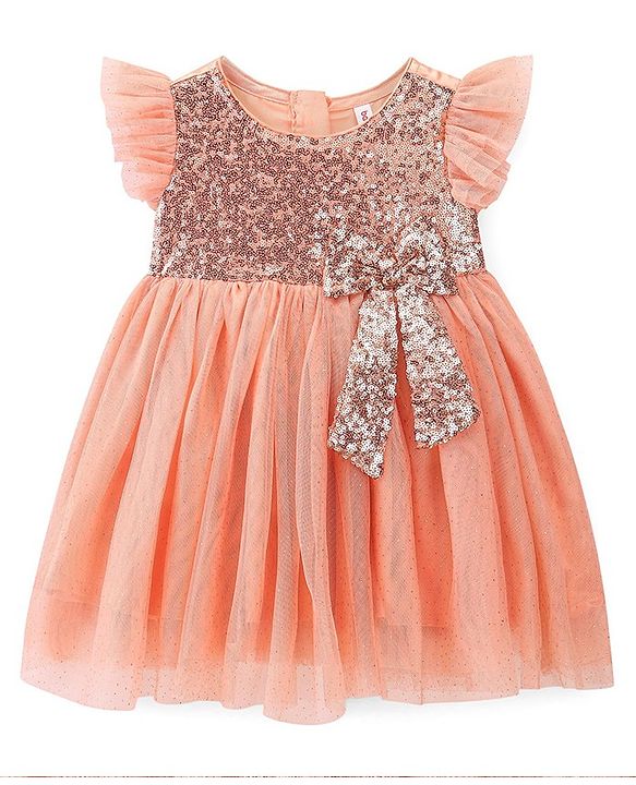 Babyhug Flutter Sleeves Sequinned Party Frock with Bow Applique - Peach