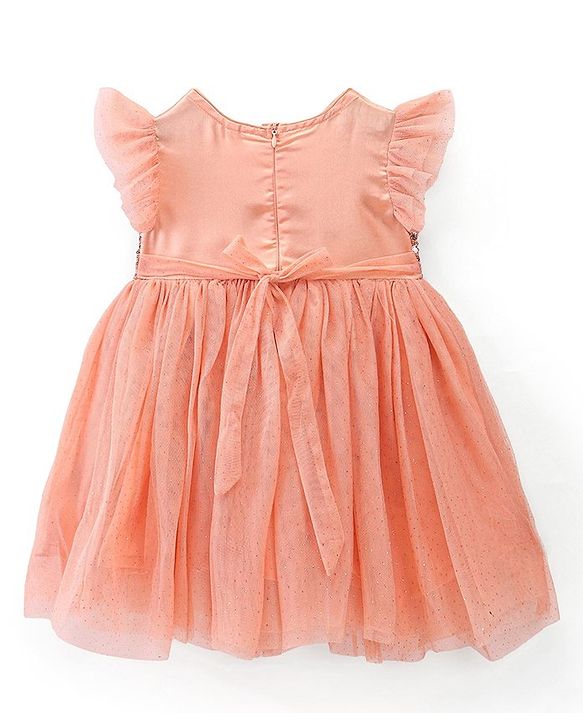 Babyhug Flutter Sleeves Sequinned Party Frock with Bow Applique - Peach