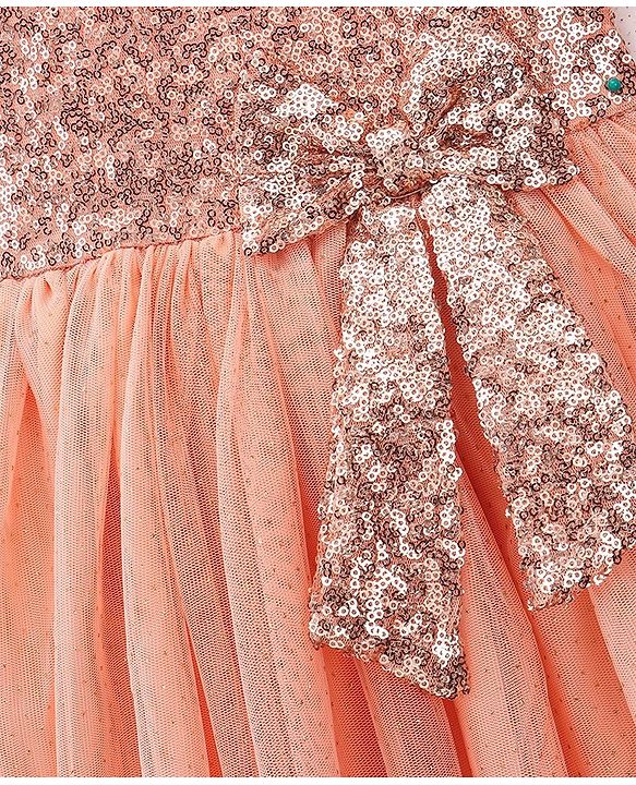 Babyhug Flutter Sleeves Sequinned Party Frock with Bow Applique - Peach