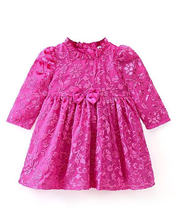 Babyhug Full Sleeves Textured Fabric Party Frock with Bow Applique  - Fuchsia