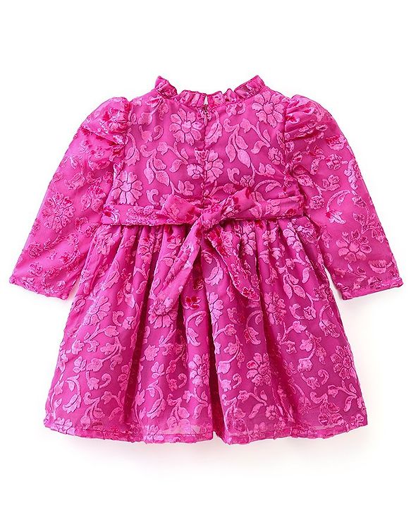 Babyhug Full Sleeves Textured Fabric Party Frock with Bow Applique  - Fuchsia