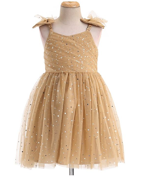 Babyhug Woven Sleeveless Party Frock With All Over Stick Ons - Beige
