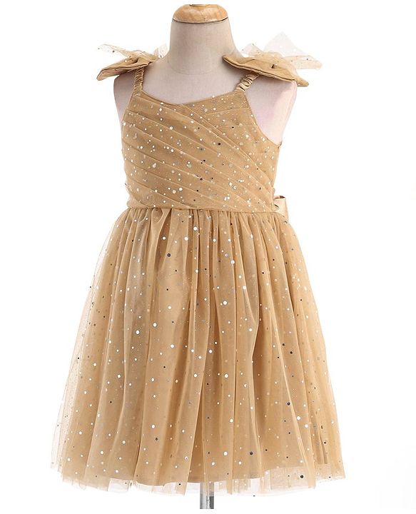 Babyhug Woven Sleeveless Party Frock With All Over Stick Ons - Beige