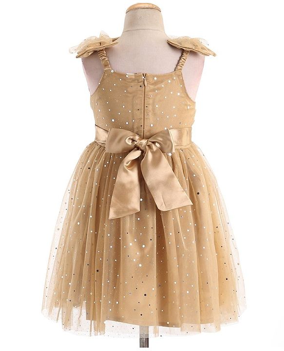 Babyhug Woven Sleeveless Party Frock With All Over Stick Ons - Beige