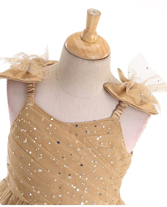 Babyhug Woven Sleeveless Party Frock With All Over Stick Ons - Beige