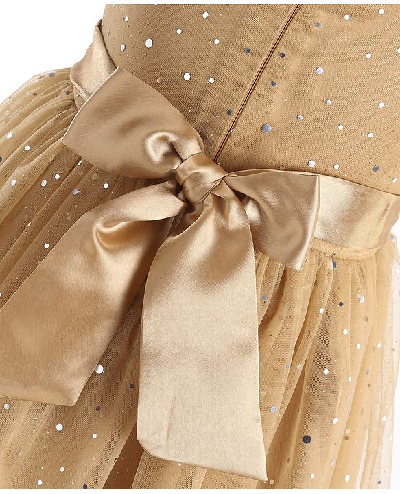 Babyhug Woven Sleeveless Party Frock With All Over Stick Ons - Beige