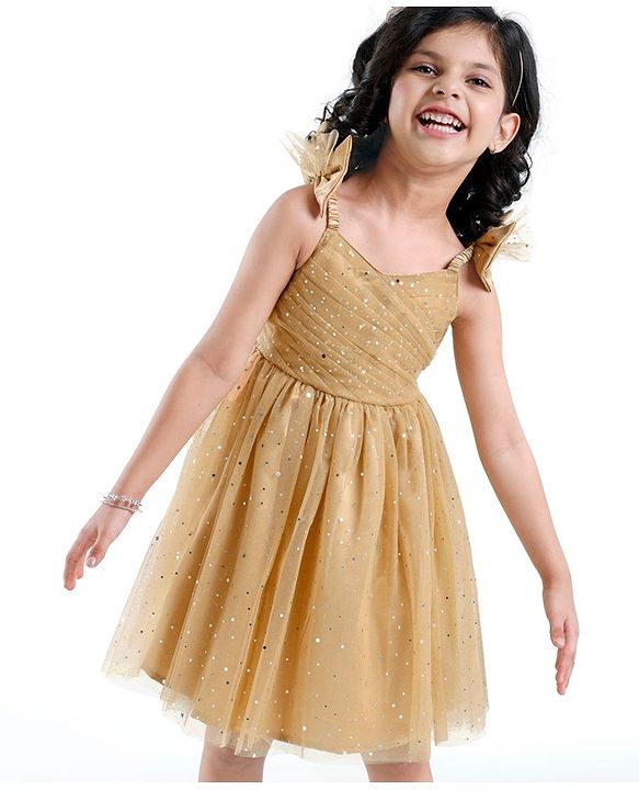 Babyhug Sleeveless Party Frock With Dots Print - Beige