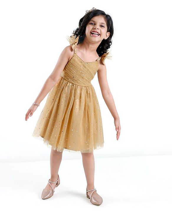 Babyhug Sleeveless Party Frock With Dots Print - Beige