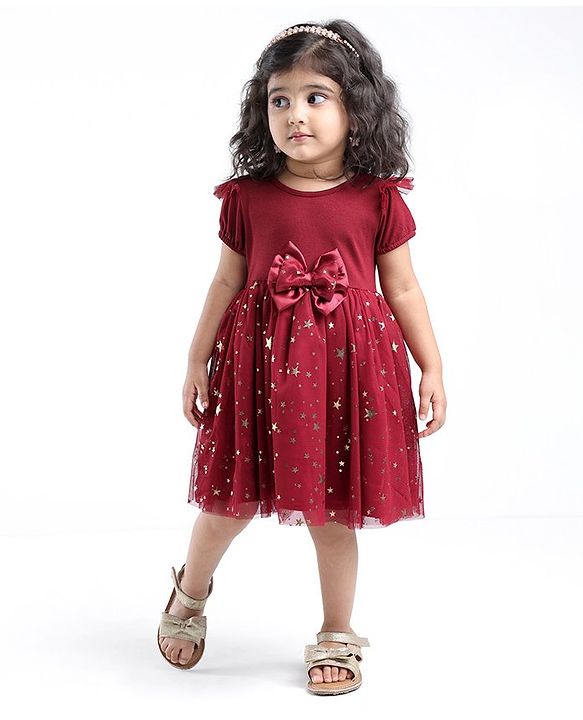 Babyhug Woven Half Sleeves Party Frock With Bow Applique & Over Foil Print - Maroon