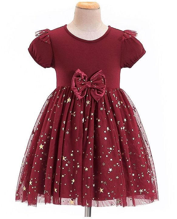 Babyhug Woven Half Sleeves Party Frock With Bow Applique & Over Foil Print - Maroon