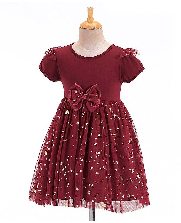 Babyhug Woven Half Sleeves Party Frock With Bow Applique & Over Foil Print - Maroon