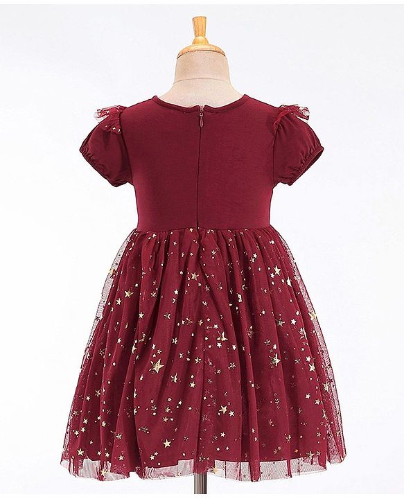 Babyhug Woven Half Sleeves Party Frock With Bow Applique & Over Foil Print - Maroon