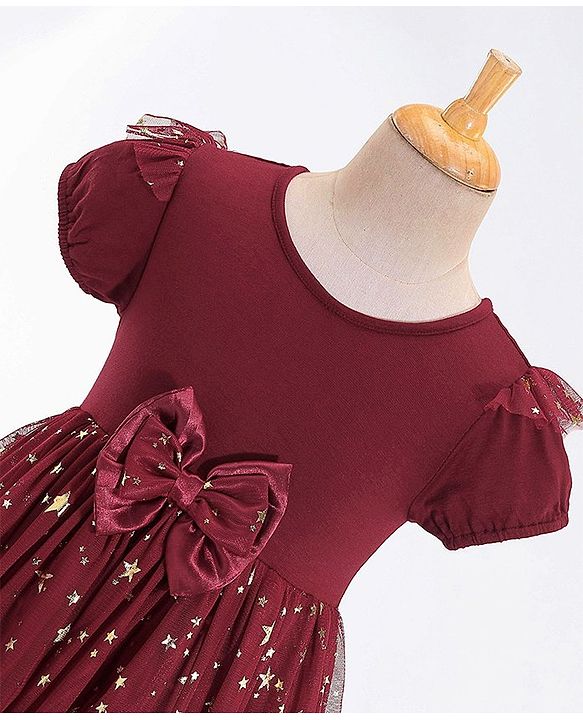 Babyhug Woven Half Sleeves Party Frock With Bow Applique & Over Foil Print - Maroon