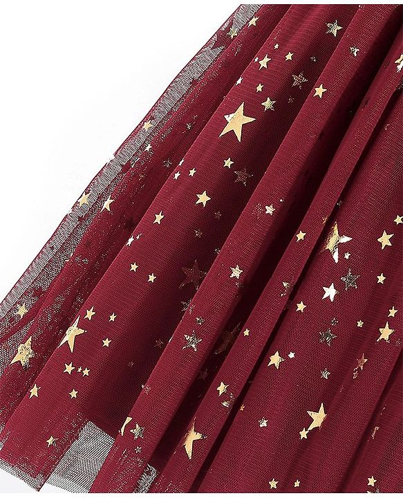Babyhug Woven Half Sleeves Party Frock With Bow Applique & Over Foil Print - Maroon