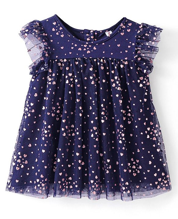 Babyhug Sleeveless All Over Foil Printed Mesh Party Dress - Navy Blue