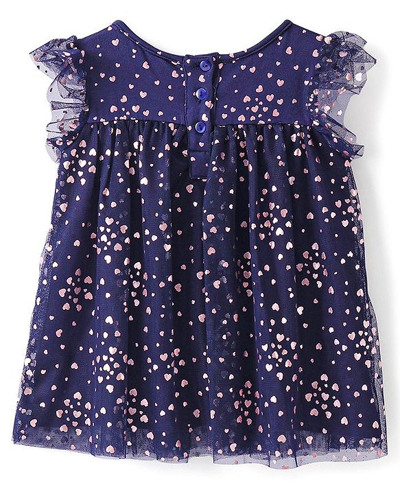 Babyhug Sleeveless All Over Foil Printed Mesh Party Dress - Navy Blue