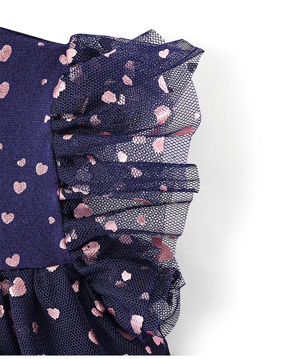 Babyhug Sleeveless All Over Foil Printed Mesh Party Dress - Navy Blue
