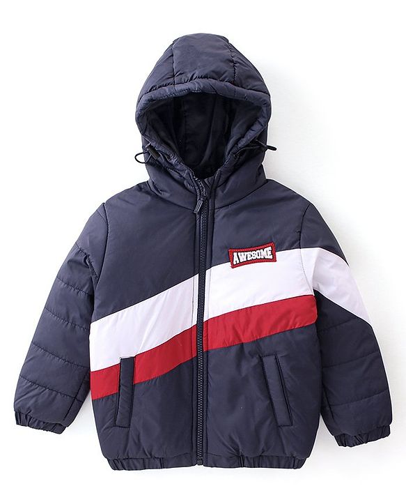 Babyhug Full Sleeves Padded & Hooded Jacket Striped- Navy Blue