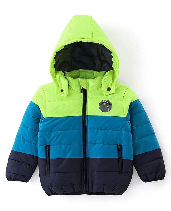 Babyhug Woven Full Sleeves Hooded Jacket Basket Ball Print - Blue & Green