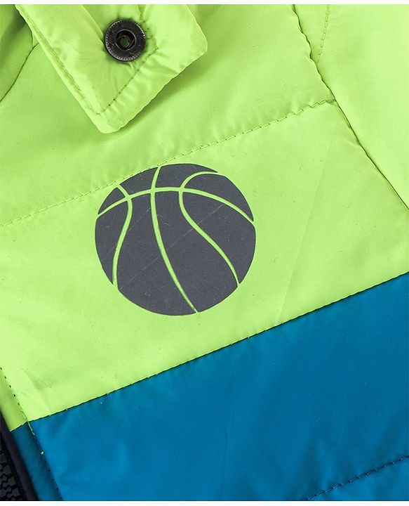 Babyhug Woven Full Sleeves Hooded Jacket Basket Ball Print - Blue & Green
