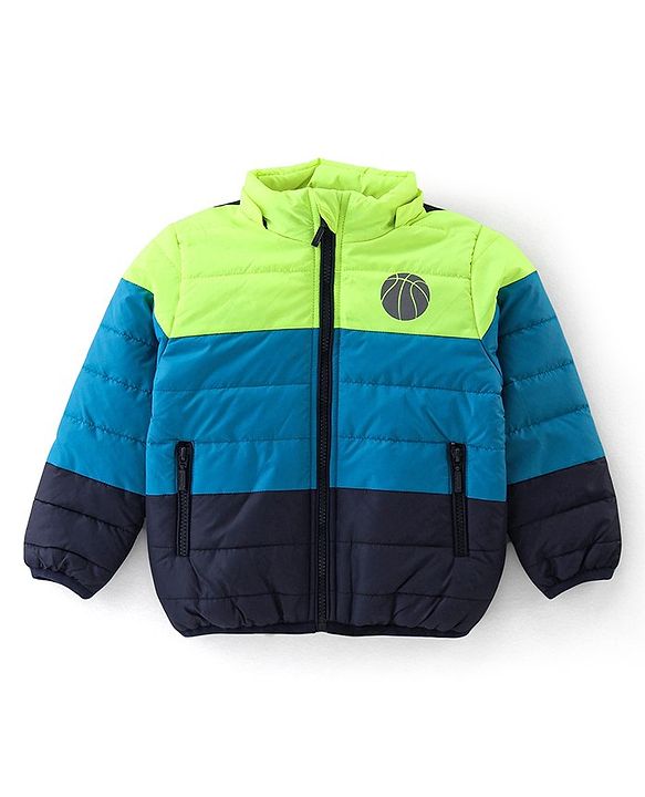 Babyhug Woven Full Sleeves Hooded Jacket Basket Ball Print - Blue & Green