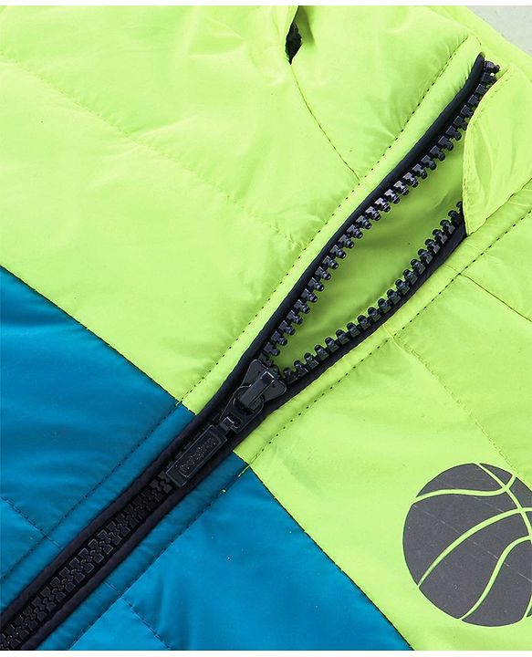 Babyhug Woven Full Sleeves Hooded Jacket Basket Ball Print - Blue & Green