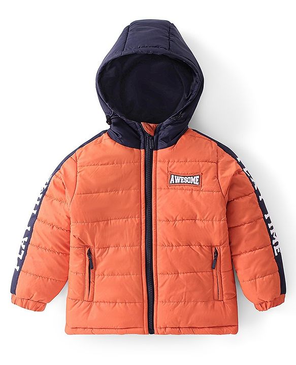 Babyhug Full Sleeves Padded & Hooded Jacket With Text Embroidery- Orange