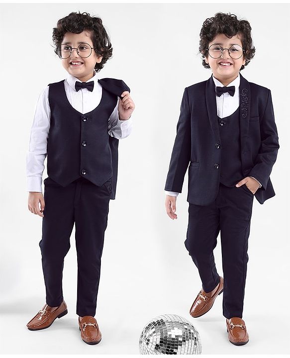 Babyhug Full Sleeves 4 Pieces Party Suit With Bow - Navy Blue
