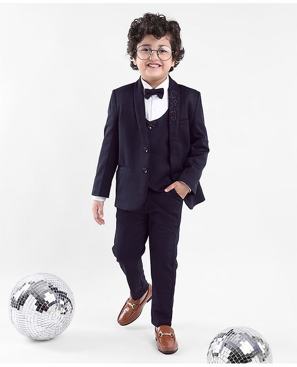 Babyhug Full Sleeves 4 Pieces Party Suit With Bow - Navy Blue
