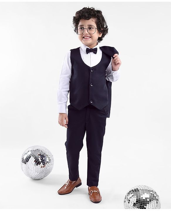 Babyhug Full Sleeves 4 Pieces Party Suit With Bow - Navy Blue