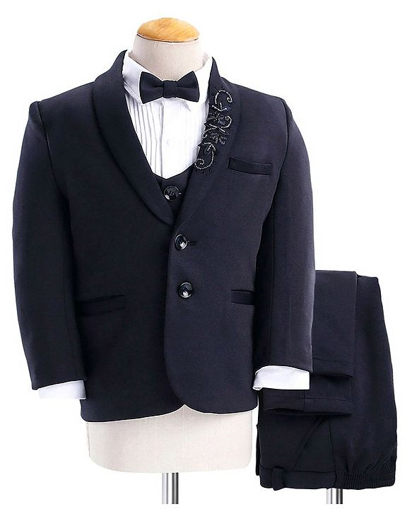 Babyhug Full Sleeves 4 Pieces Party Suit With Bow - Navy Blue