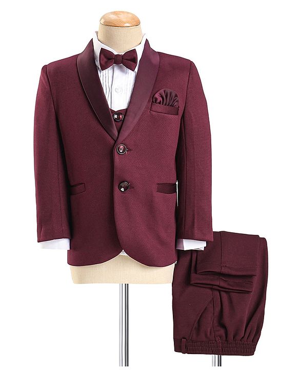 Babyhug Knit Full Sleeves 5 Piece Stretch Fit Solid Colour Party Wear Suit - Maroon