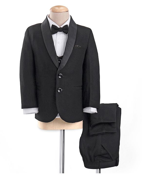 Babyhug Woven Full Sleeves Solid Party Suit with Waist Coat & Bow Tie - Black