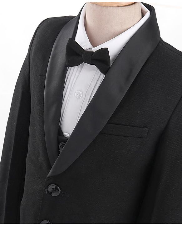 Babyhug Woven Full Sleeves Solid Party Suit with Waist Coat & Bow Tie - Black