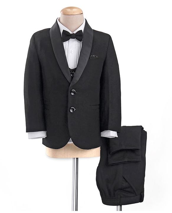 Babyhug Woven Full Sleeves Solid Party Suit with Waist Coat & Bow Tie - Black