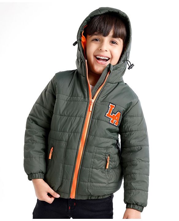 Babyhug Full Sleeves Padded & Hooded Jacket With Text Embroidery- Olive